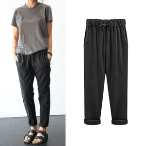 Casual Plain Elastic Waist Flax Harem Pants