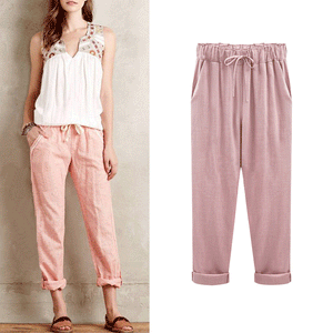 Casual Plain Elastic Waist Flax Harem Pants