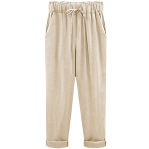 Casual Plain Elastic Waist Flax Harem Pants