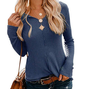 V Neck Long Sleeve Plain Casual T-Shirts