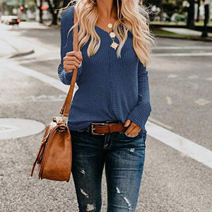 V Neck Long Sleeve Plain Casual T-Shirts