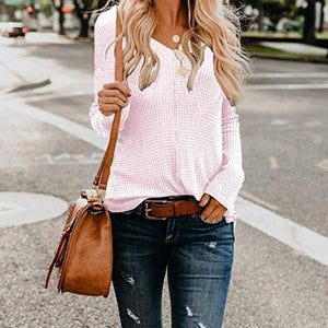 V Neck Long Sleeve Plain Casual T-Shirts