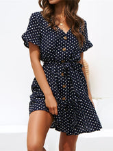 Load image into Gallery viewer, Fashion Polka Dot V Neck Belted Chiffon Mini Dresses