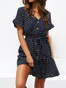 Fashion Polka Dot V Neck Belted Chiffon Mini Dresses