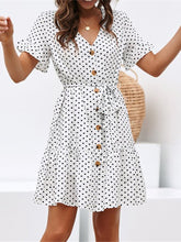 Load image into Gallery viewer, Fashion Polka Dot V Neck Belted Chiffon Mini Dresses