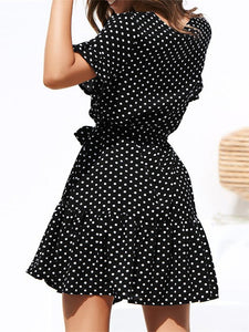 Fashion Polka Dot V Neck Belted Chiffon Mini Dresses