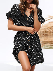 Fashion Polka Dot V Neck Belted Chiffon Mini Dresses