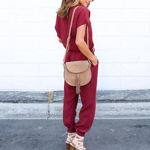 V Neck Short Sleeve Plain Pocket Casual Jumpsuits