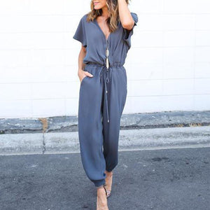 V Neck Short Sleeve Plain Pocket Casual Jumpsuits