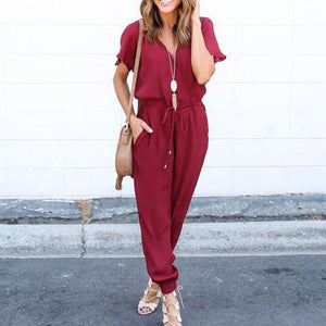 V Neck Short Sleeve Plain Pocket Casual Jumpsuits