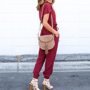 V Neck Short Sleeve Plain Pocket Casual Jumpsuits