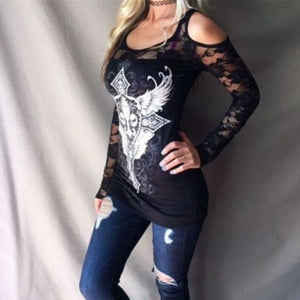 Round Neck Hollow Out Long Sleeve Lace T-Shirts