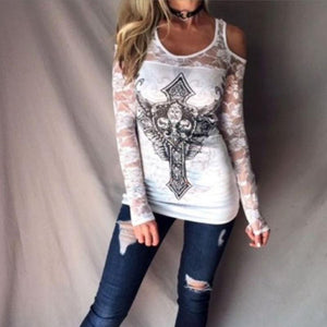 Round Neck Hollow Out Long Sleeve Lace T-Shirts