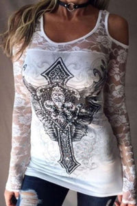 Round Neck Hollow Out Long Sleeve Lace T-Shirts