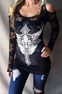 Round Neck Hollow Out Long Sleeve Lace T-Shirts