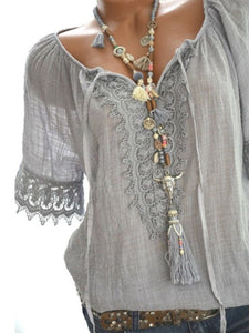 Decorative Lace  Plain  Short Sleeve Blouses