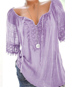 Decorative Lace  Plain  Short Sleeve Blouses