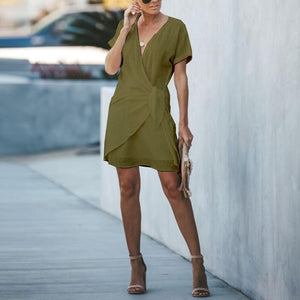 V-Neck Cross Short Sleeved Dress