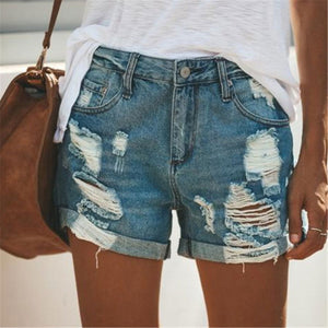 Fashion Plain Loose Hole Denim Shorts