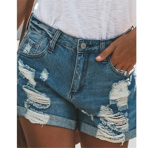 Fashion Plain Loose Hole Denim Shorts