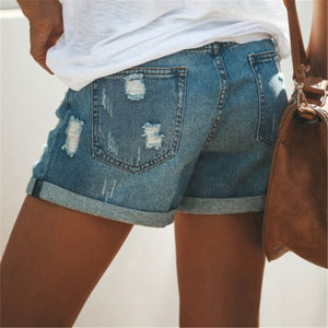 Fashion Plain Loose Hole Denim Shorts