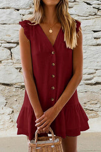 V-Neck Button Ruffled Mini Casual Dress