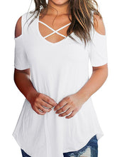 Load image into Gallery viewer, V Neck  Cutout Loose Fitting  Plain Short Sleeve T-Shirts