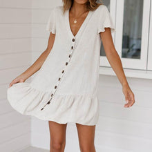 Load image into Gallery viewer, Single-Breasted Deep V-Neck Cotton And Linen Mini Dress