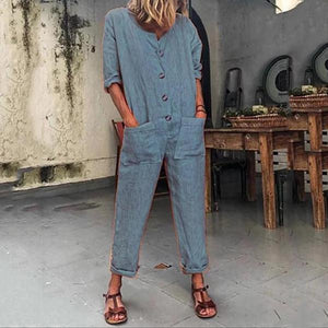 Fashion Solid Color Pocket  Button Jumpsuit