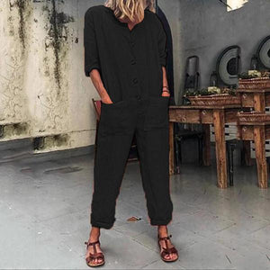 Fashion Solid Color Pocket  Button Jumpsuit