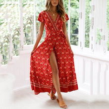 Load image into Gallery viewer, Printed Slit V-Neck Short-Sleeved Vacation Maxi Dress