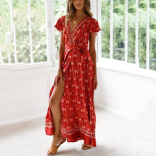 Load image into Gallery viewer, Printed Slit V-Neck Short-Sleeved Vacation Maxi Dress