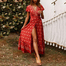 Load image into Gallery viewer, Printed Slit V-Neck Short-Sleeved Vacation Maxi Dress