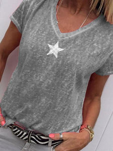 Star Printed V Neck Short Sleeve Casual T-Shirts