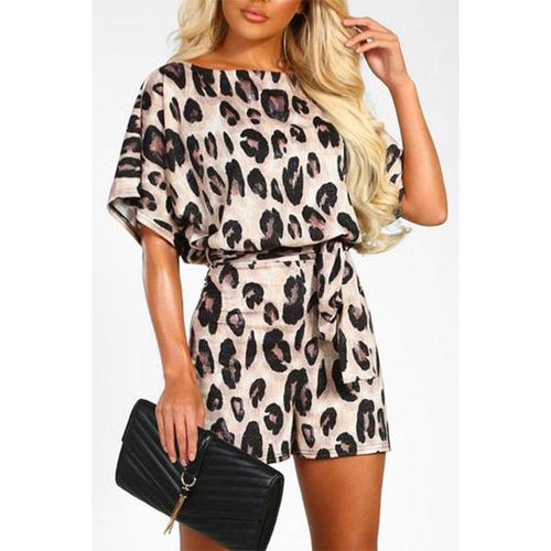 Round Neck  Leopard Printed  Short Sleeve  Playsuits