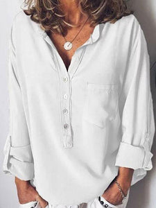 Pure Long-Sleeved Fashion Loose V-Collar Shirt Blouse