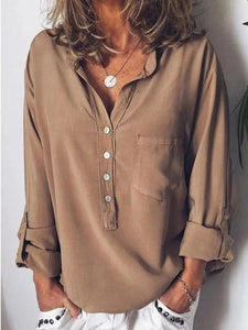 Pure Long-Sleeved Fashion Loose V-Collar Shirt Blouse