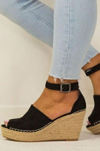 Plain  Velvet Ankle Strap Peep Toe  Wedge Sandals