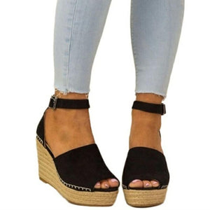 Plain  Velvet Ankle Strap Peep Toe  Wedge Sandals