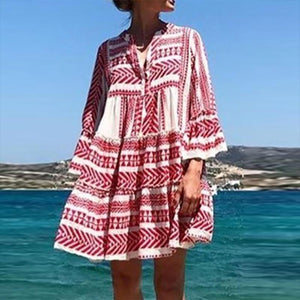 Bohemian Printed Colour Bell Sleeve Pleated Casual Mini Dress