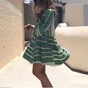 Bohemian Printed Colour Bell Sleeve Pleated Casual Mini Dress