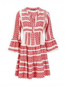 Bohemian Printed Colour Bell Sleeve Pleated Casual Mini Dress