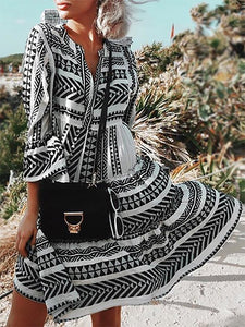 Bohemian Printed Colour Bell Sleeve Pleated Casual Mini Dress