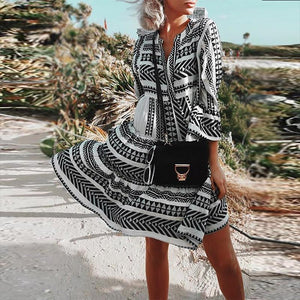 Bohemian Printed Colour Bell Sleeve Pleated Casual Mini Dress