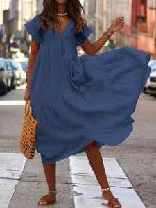 Casual Pure Colour V Neck Loose Short Sleeve Dresses