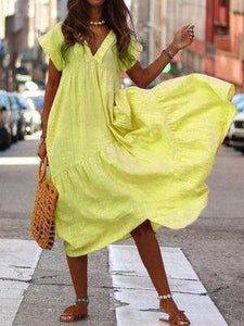 Casual Pure Colour V Neck Loose Short Sleeve Dresses