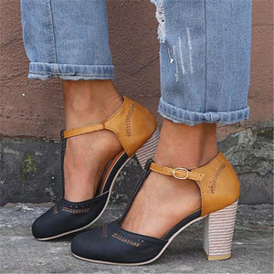 Casual Round Toed Plain Hollow Buckle Coarse Heel Sandal