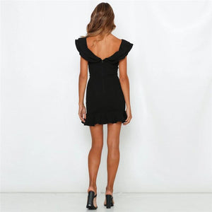 Sexy V Collar Ruffled Neckline Lower Hem Slim Dress