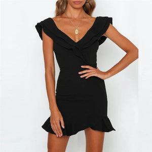 Sexy V Collar Ruffled Neckline Lower Hem Slim Dress