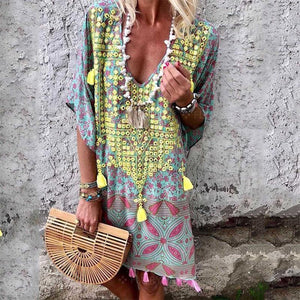 Bohemian Printed Colour V Neck Halflong Sleeve Casual Dresses